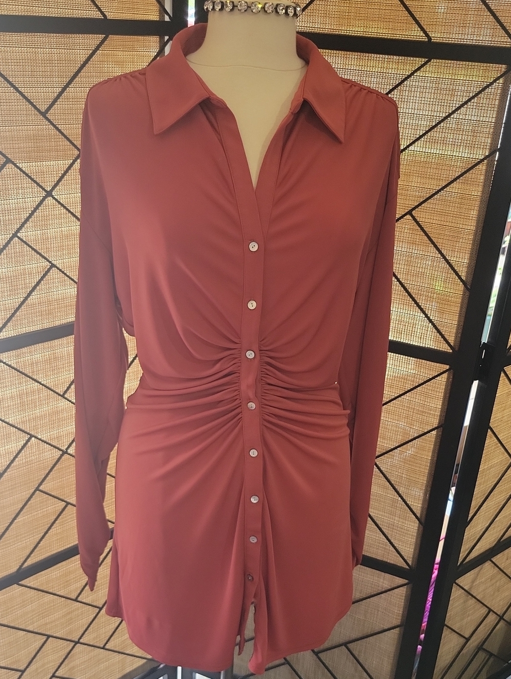 cinq a sept rust-red ruched button-down long-sleeve Dress